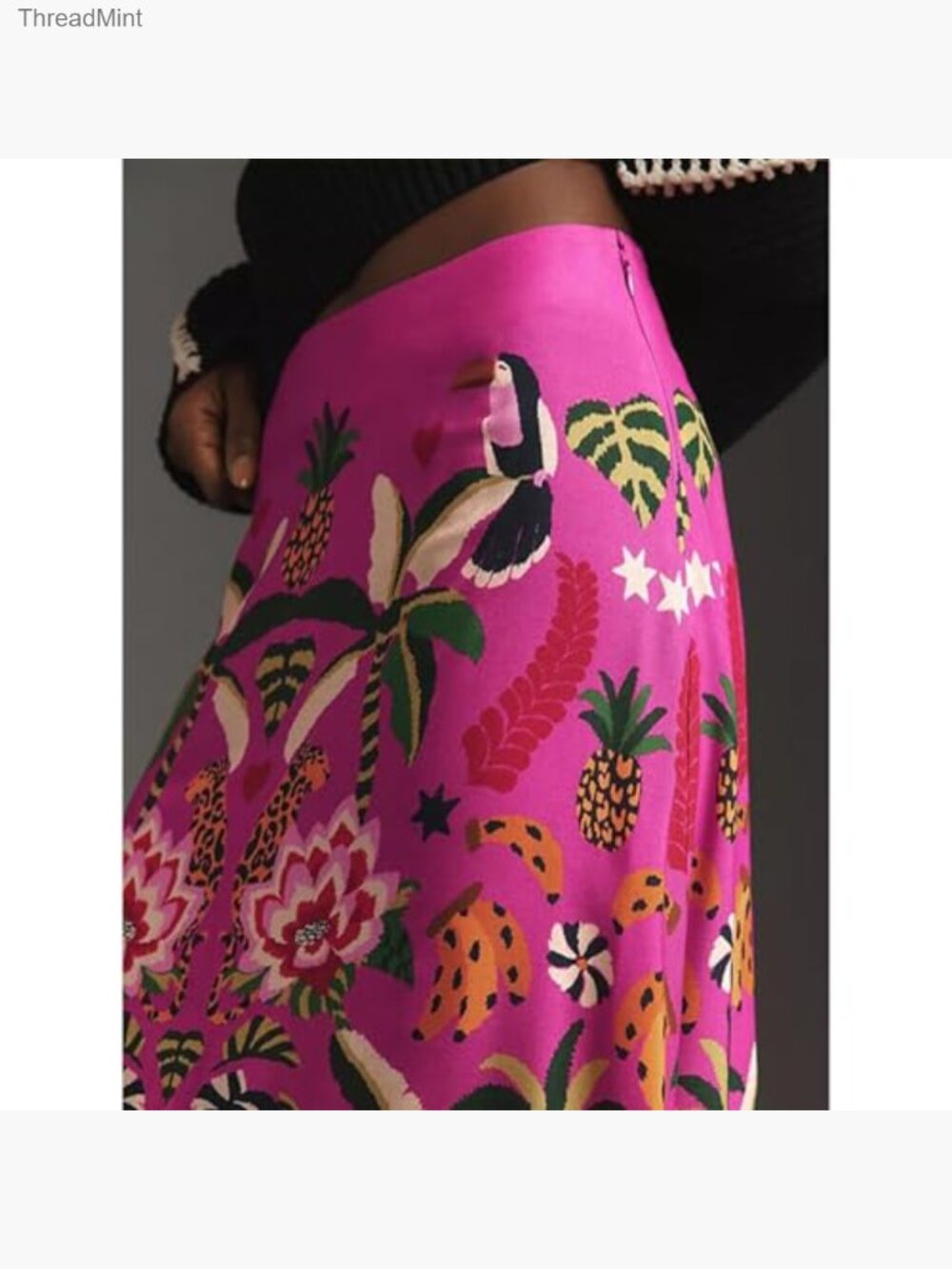 High Waisted A-Line Midi Skirt Tropical Floral Print Satin - Picture 4 of 7